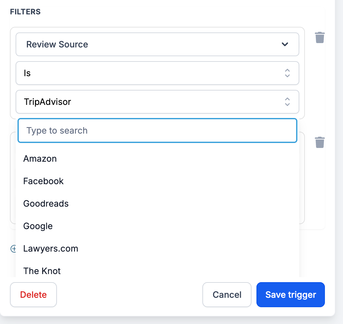 Configuração do trigger New Review Received com várias plataformas