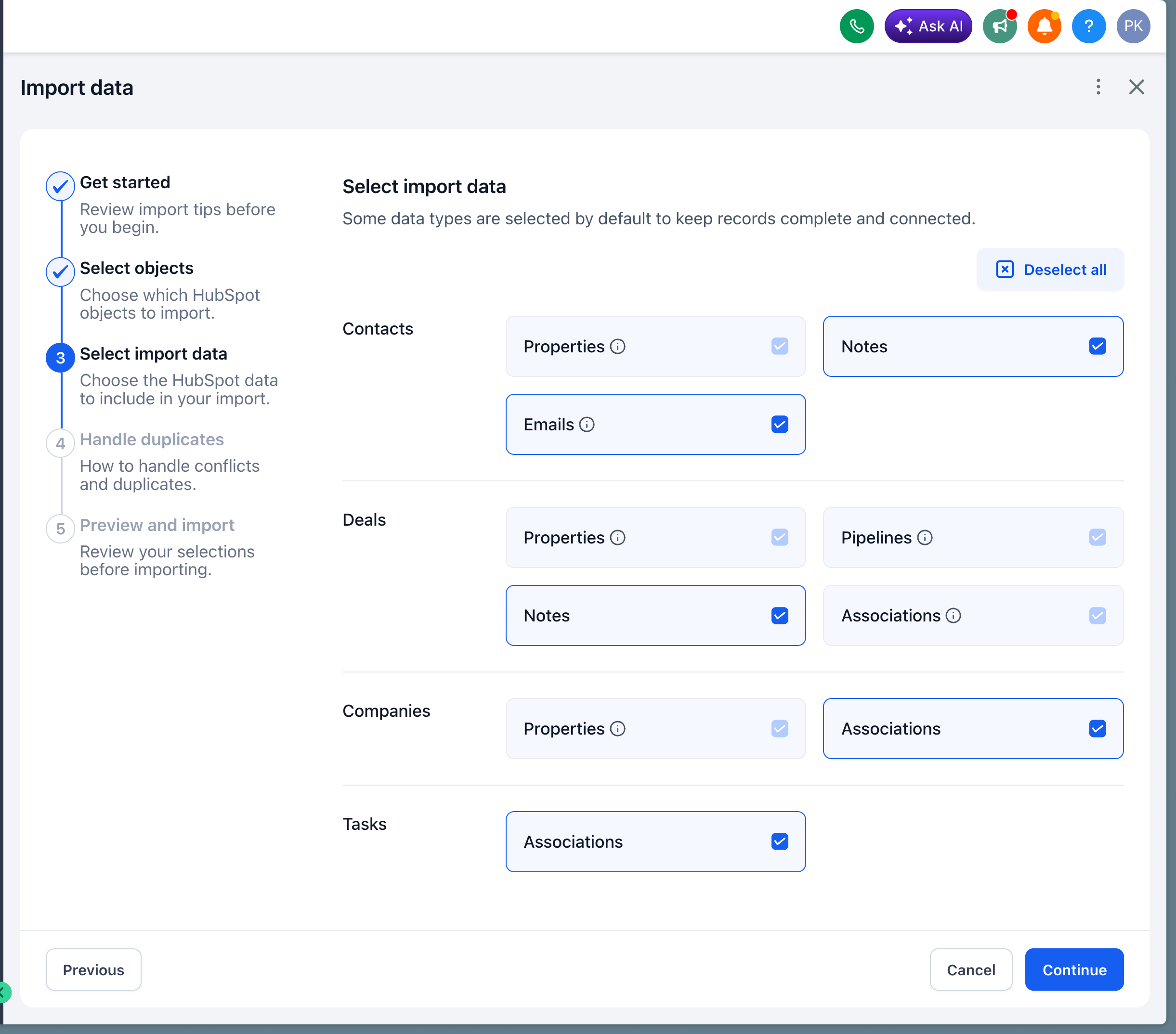 Seleção de dados a importar do HubSpot