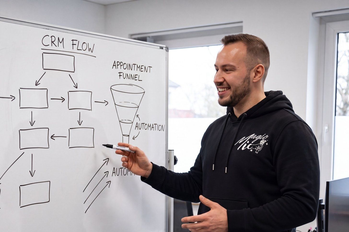 Julian Helbig zeichnet CRM-Flow, Termin-Funnel und Automatisierung am Whiteboard