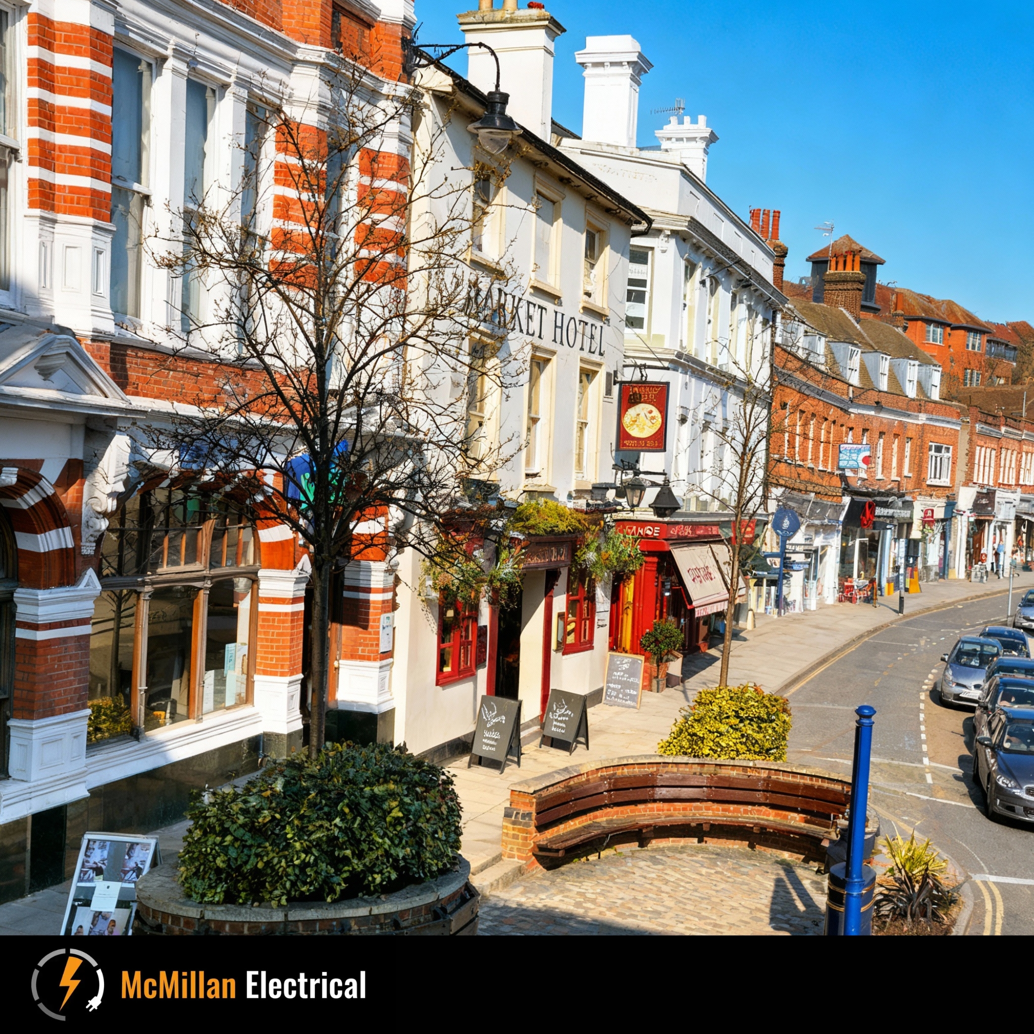 View of Reigate High Street and Redhill town centre with a subtle McMillan Electrical logo watermark — representing trusted local electricians serving Surrey businesses and homes.