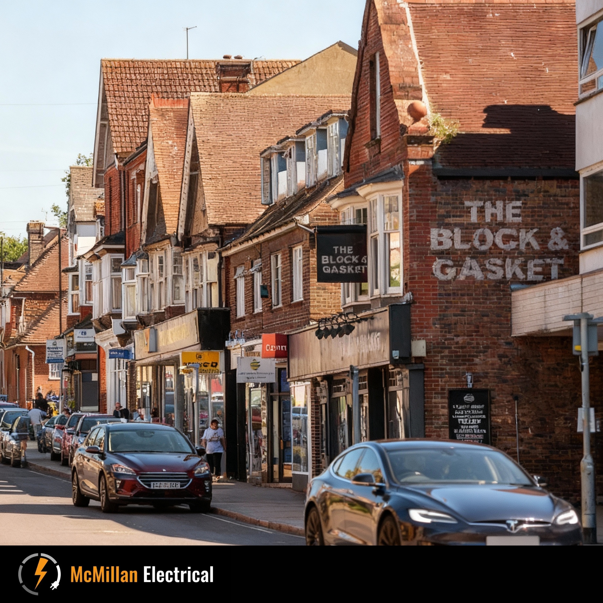 NICEIC-approved electrician serving Burgess Hill, with view of local shopping street and homes to represent shops, units, landlords and family properties.