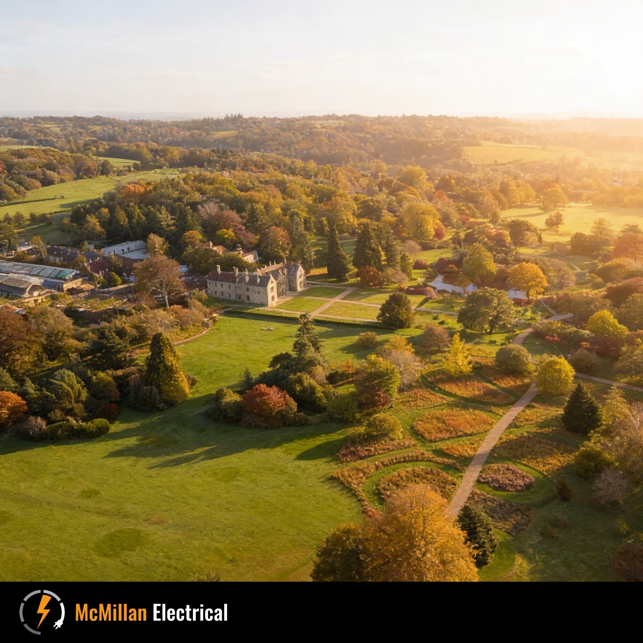 Aerial countryside view near Haywards Heath at sunset with McMillan Electrical branding