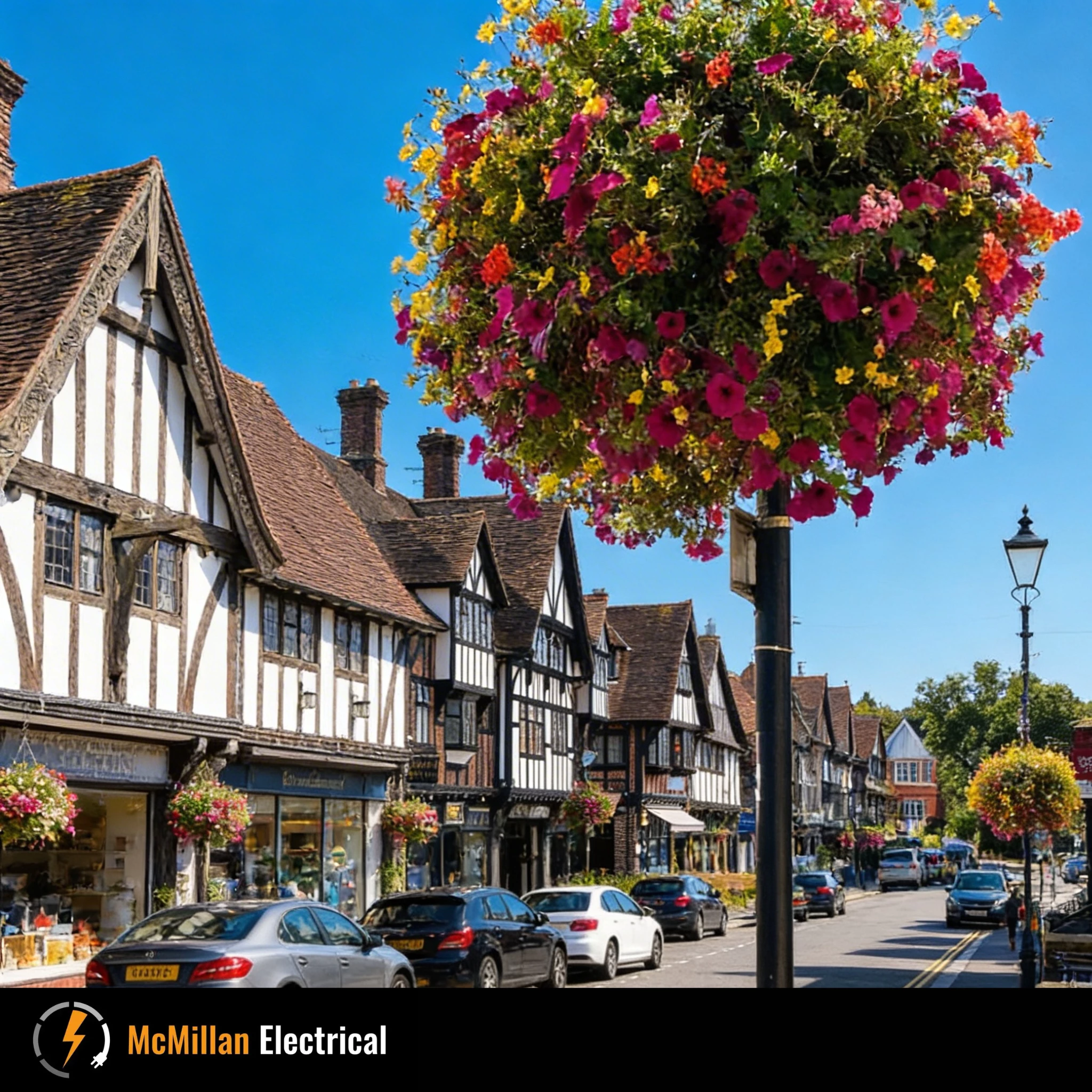 Bright summer day on Oxted High Street with hanging flower baskets, timber-framed shopfronts, and parked cars — McMillan Electrical serves homes and businesses in the area.