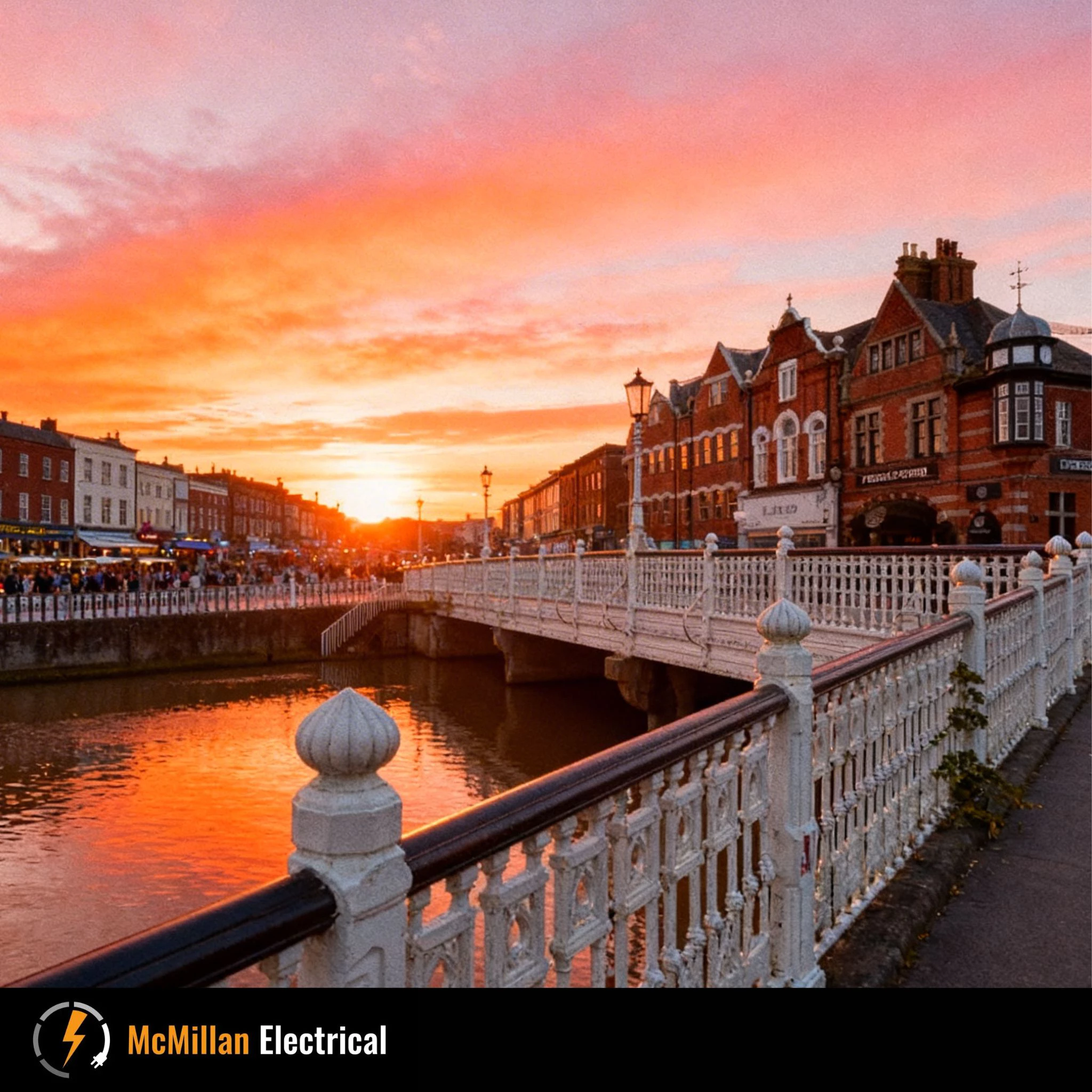 Tonbridge High Street and River Medway bridge at sunset in Kent, local area covered by NICEIC approved electricians McMillan Electrical