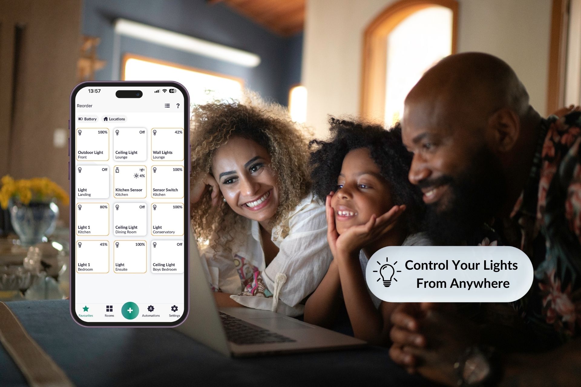 Family using the Lightwave app to control smart lighting throughout their home — installed by McMillan Electrical in Sussex, Surrey and Kent