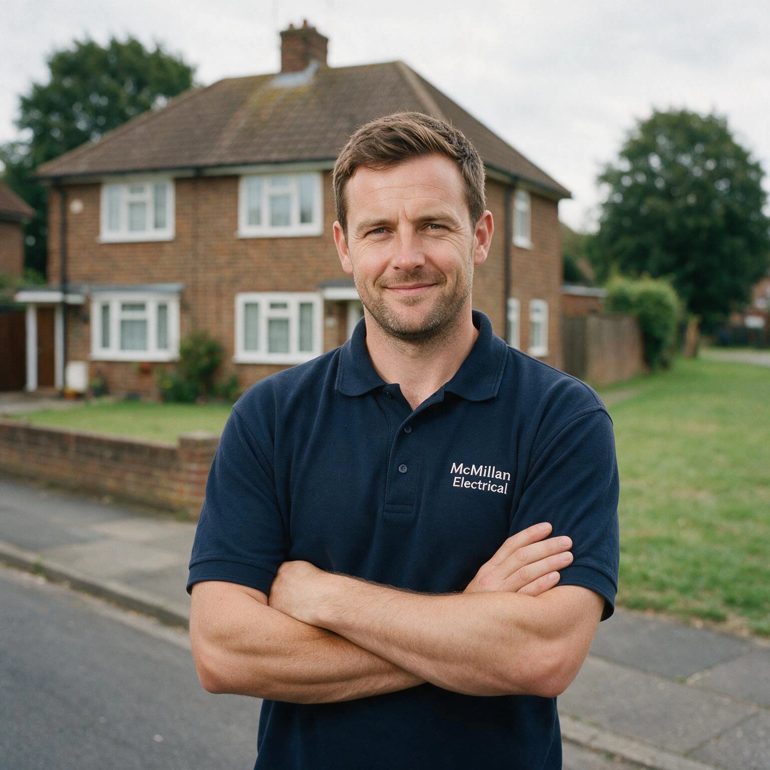 NICEIC-approved McMillan Electrical electrician standing outside a home in Crawley, West Sussex, where the team carry out consumer unit upgrades