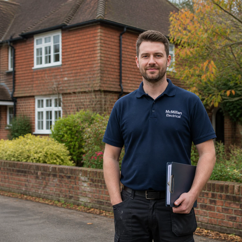 NICEIC-approved McMillan Electrical electrician standing outside a period home in Dorking, Surrey, where the team carry out consumer unit upgrades