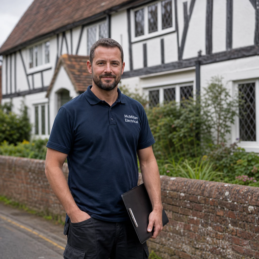 NICEIC-approved McMillan Electrical electrician standing outside a period property in Edenbridge, Kent, where the team carry out consumer unit upgrades