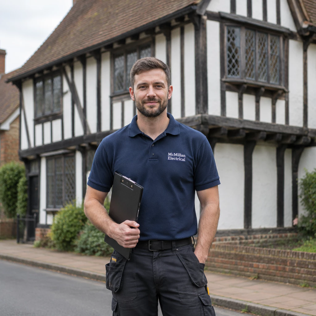 NICEIC-approved McMillan Electrical electrician standing outside a period property in East Grinstead, West Sussex, where the team are based and carry out consumer unit upgrades