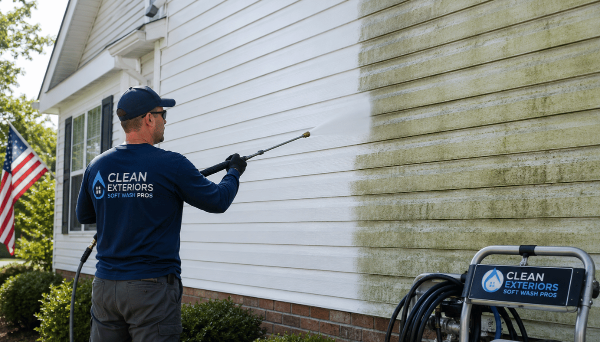 Professional pressure washing algae-covered siding on a Maryland Eastern Shore home