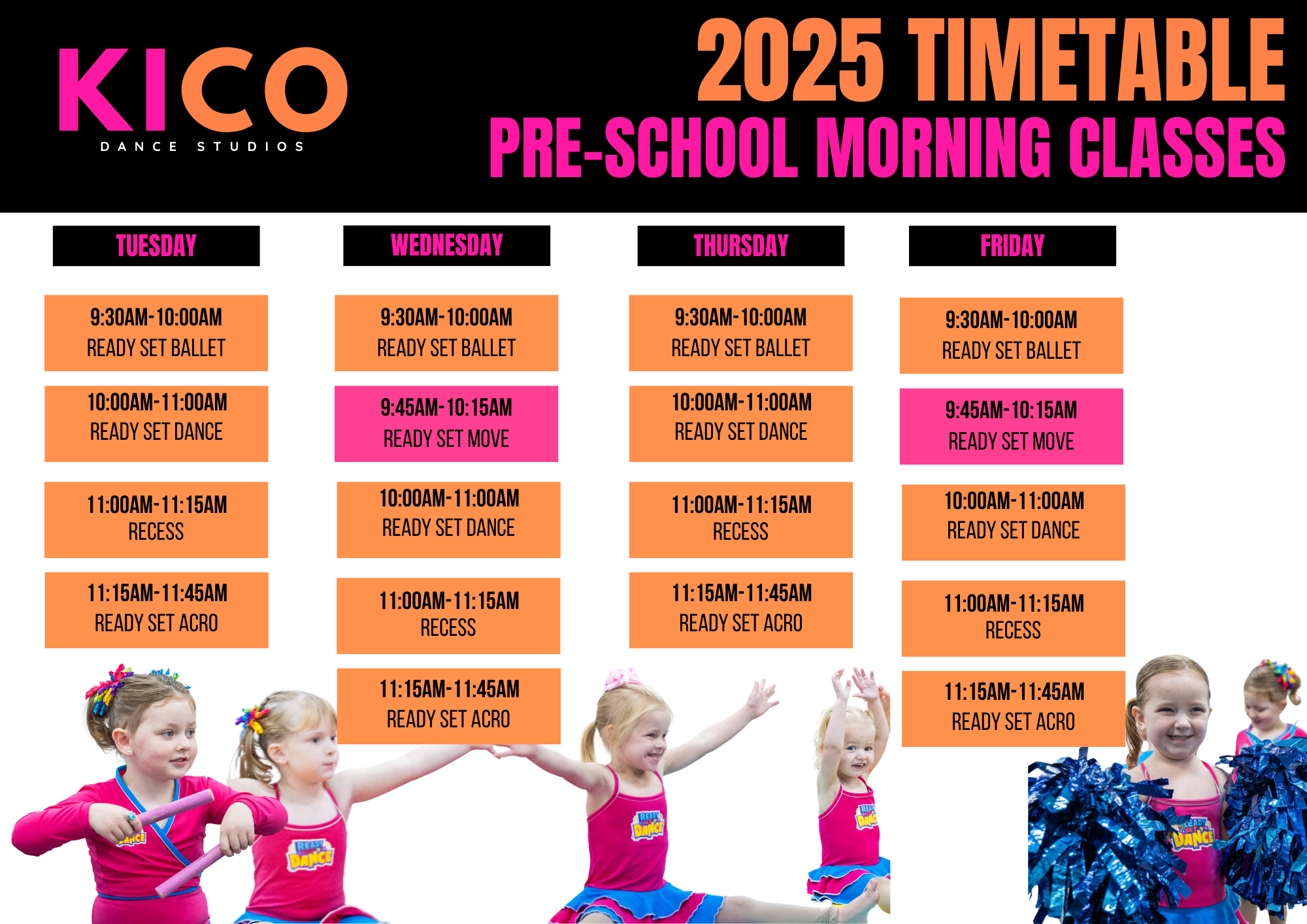 Morning preschool dance classes at KICO Dance Studios in Bargo, featuring Ready Set Dance, Ballet, Acro, and Move programs for toddlers and kids aged walking to 5.