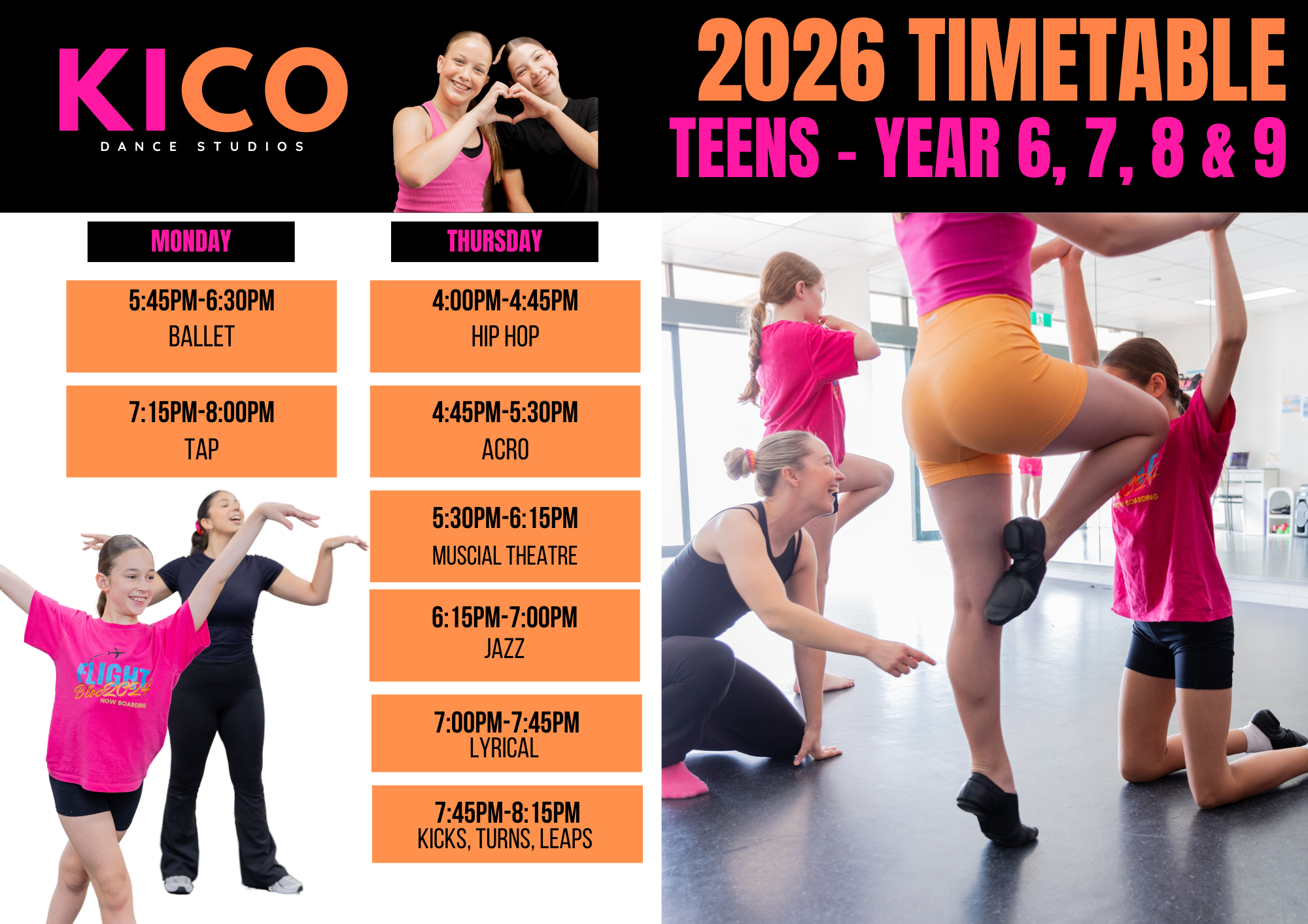 Teen dance class timetable for Year 6 to 8 students at KICO Dance Studios — offering hip hop, jazz, ballet, acro and more in Wilton, Picton, and Bargo