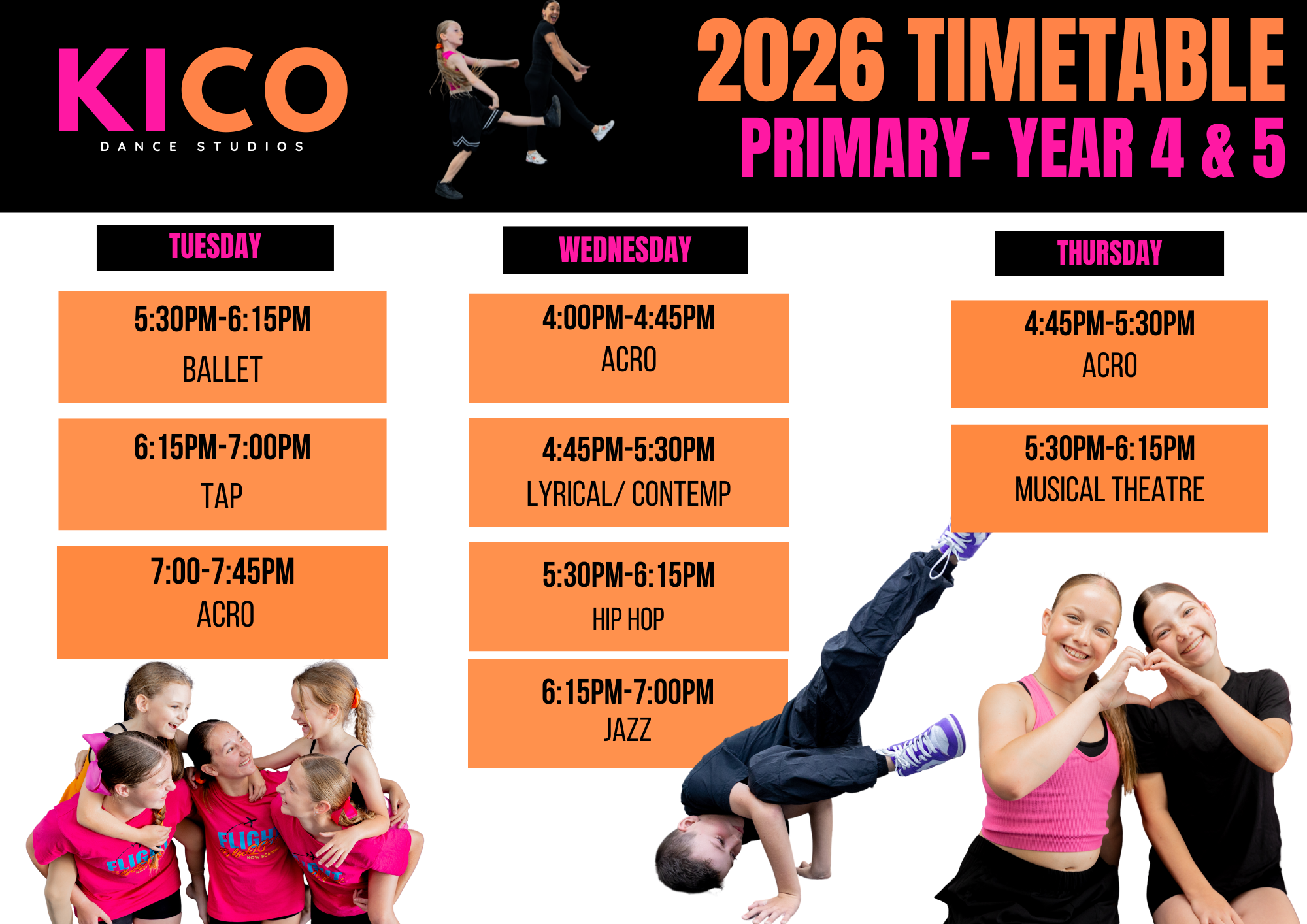 Year 4 and 5 dance class timetable at KICO Dance Studios — offering ballet, jazz, hip hop, acro, and tap classes for kids in Wilton, Picton, and Bargo