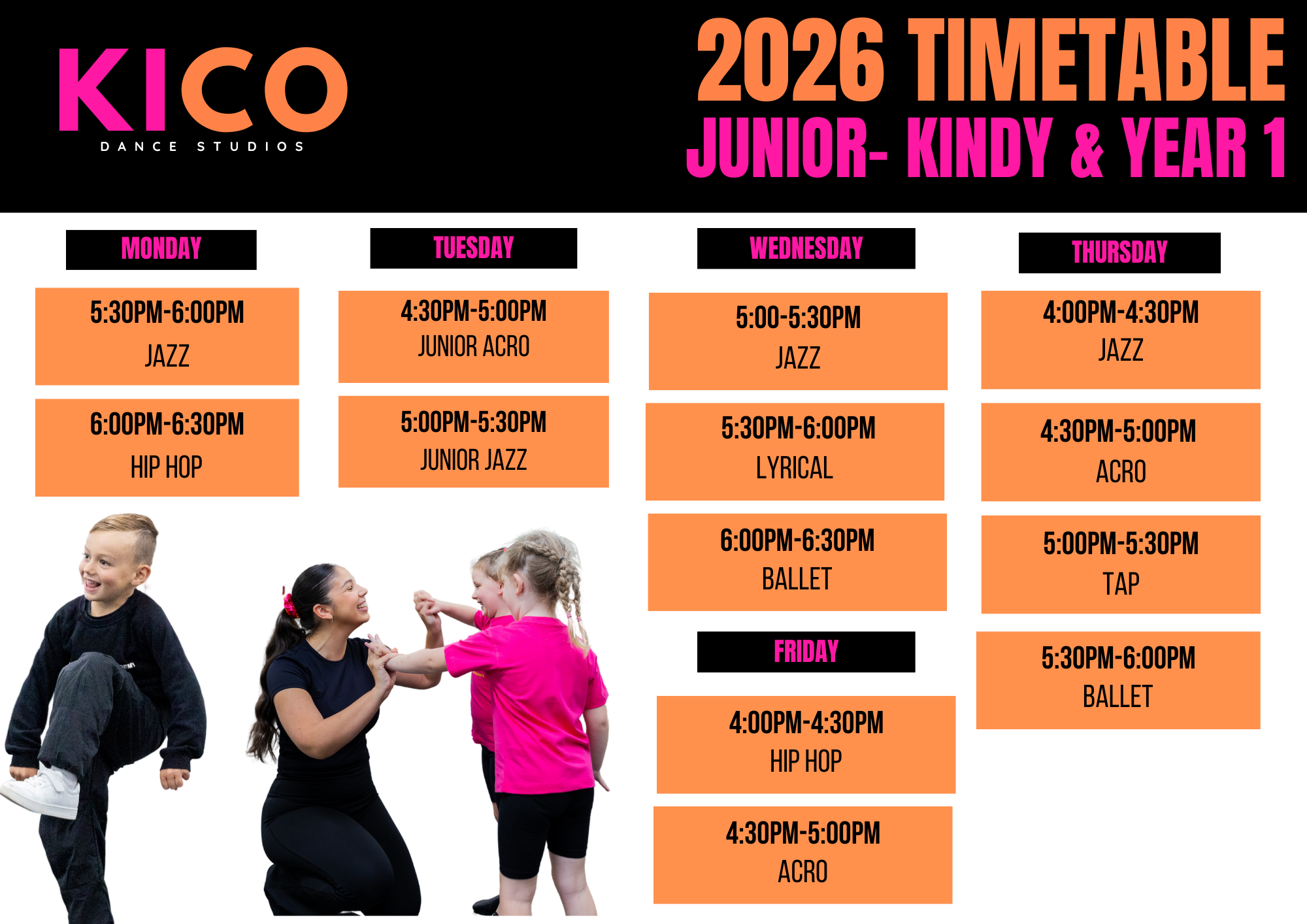 Kindy and Year 1 dance class timetable at KICO Dance Studios — offering ballet, tap, jazz, hip hop, and boys-only classes in Wilton, Picton, and Bargo