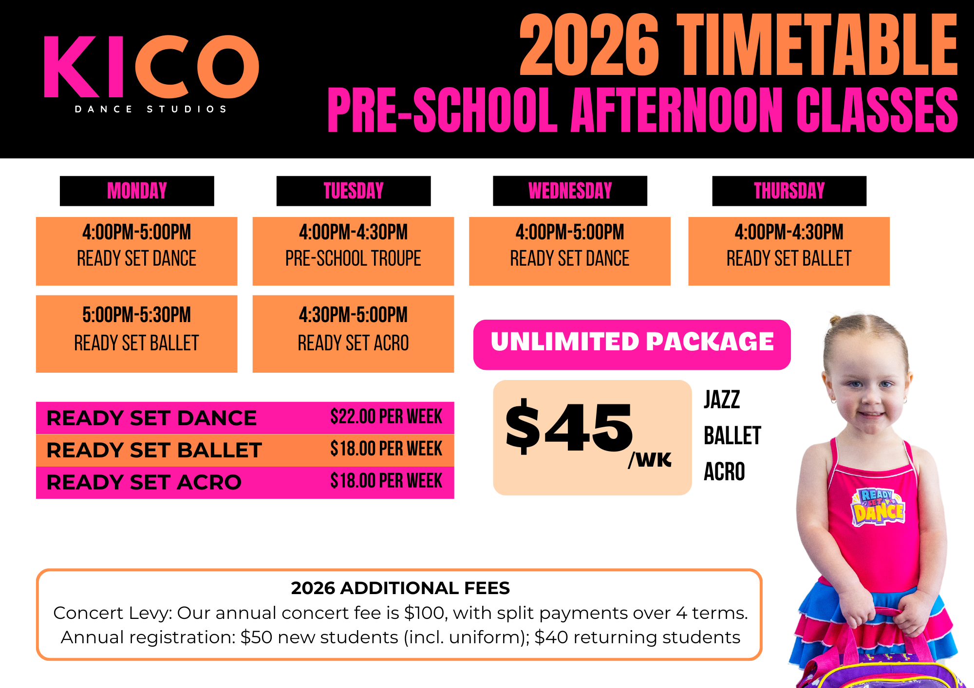 Pre-school dance classes running five days a week, morning and afternoon sessions for walking to transition-aged children in Wilton, Picton, and Bargo areas.