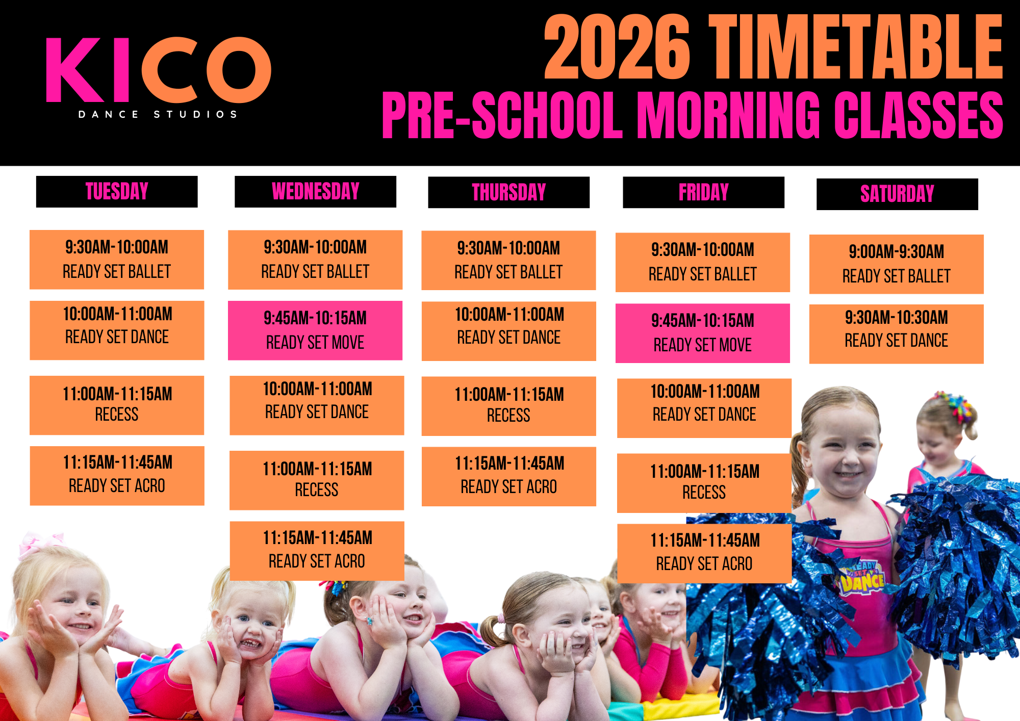 Pre-school dance classes running five days a week, morning and afternoon sessions for walking to transition-aged children in Wilton, Picton, and Bargo areas.