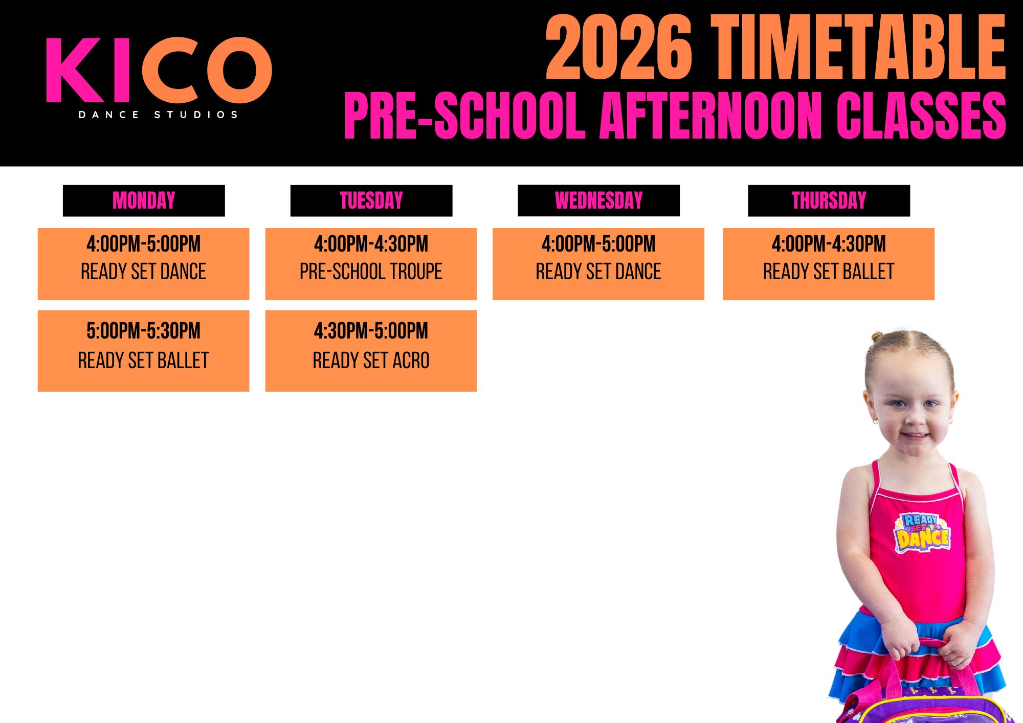 Affordable and high-quality preschool dance class pricing at KICO Dance Studios in Bargo, offering great value for Ready Set Dance programs for ages walking to 5.