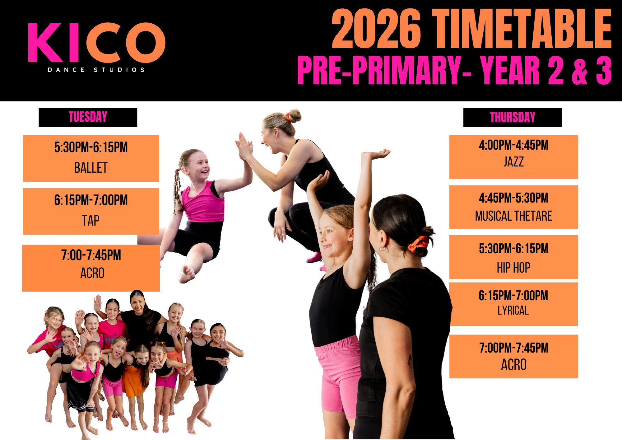 Year 2 and 3 dance class timetable at KICO Dance Studios — offering ballet, jazz, hip hop, tap, and acro for kids in Wilton, Picton, and Bargo