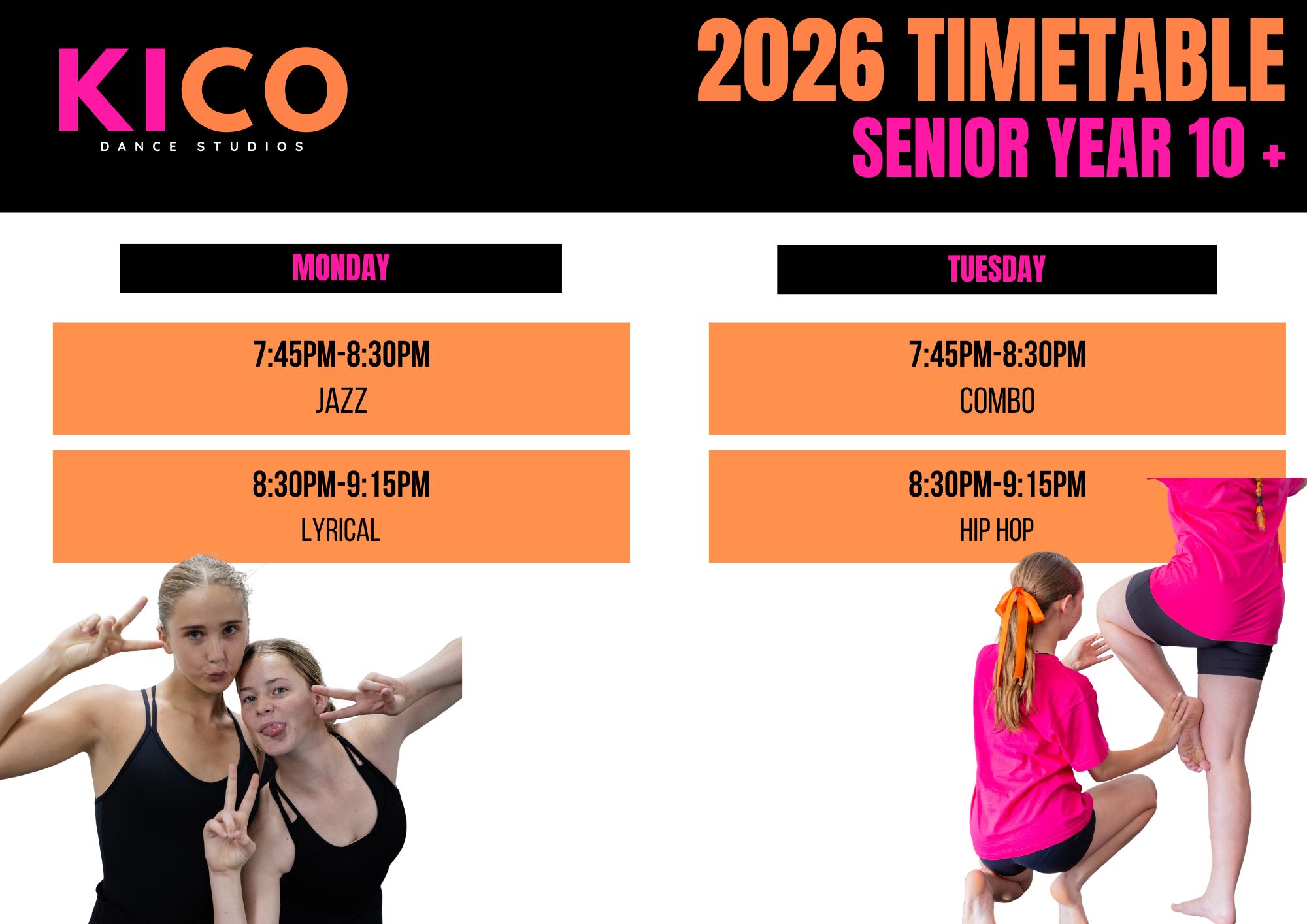 Senior dance class timetable for Year 9 and above at KICO Dance Studios — offering elite and recreational training in Wilton, Picton, and Bargo
