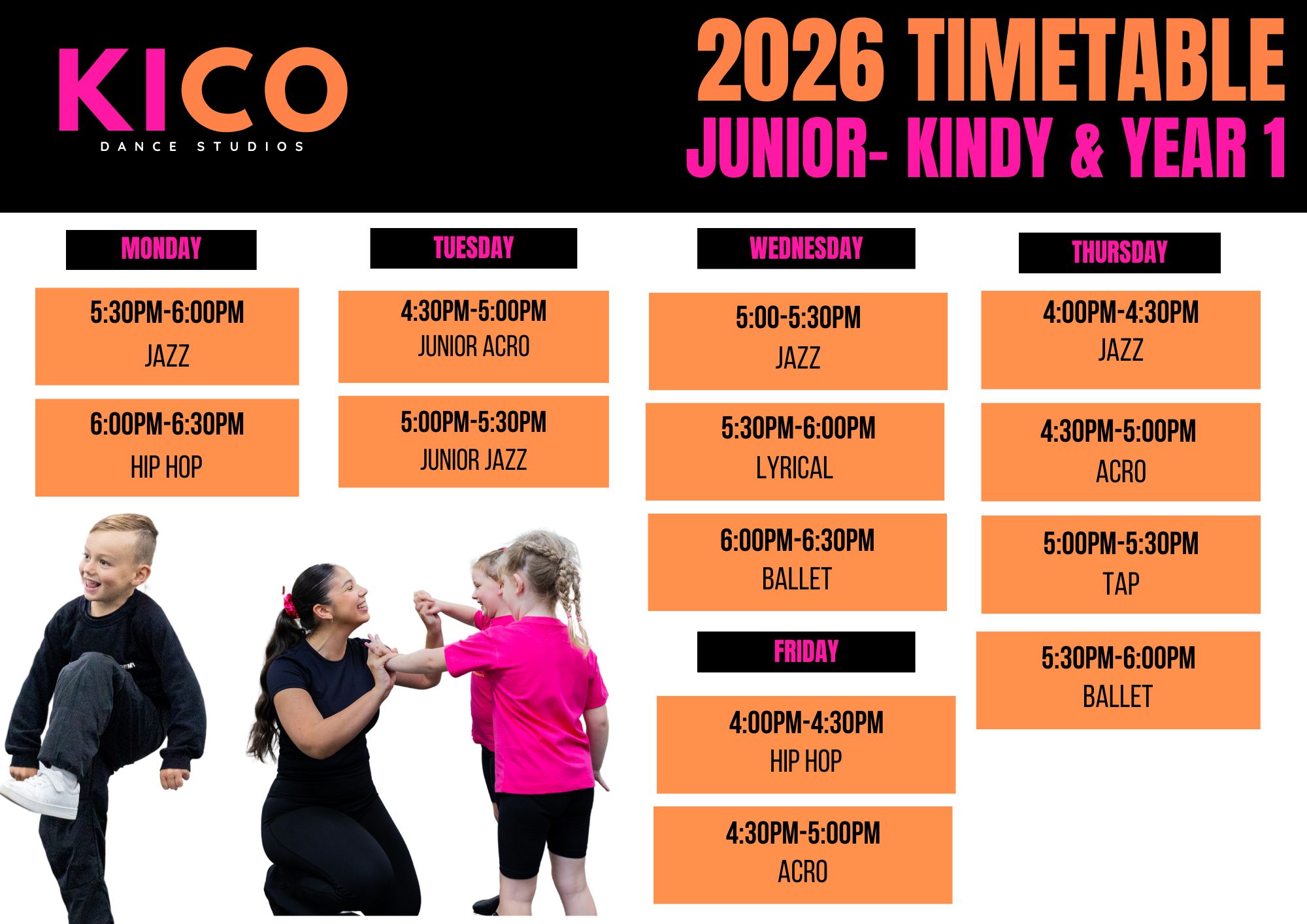 Kindy and Year 1 dance class timetable at KICO Dance Studios — offering ballet, tap, jazz, hip hop, and boys-only classes in Wilton, Picton, and Bargo