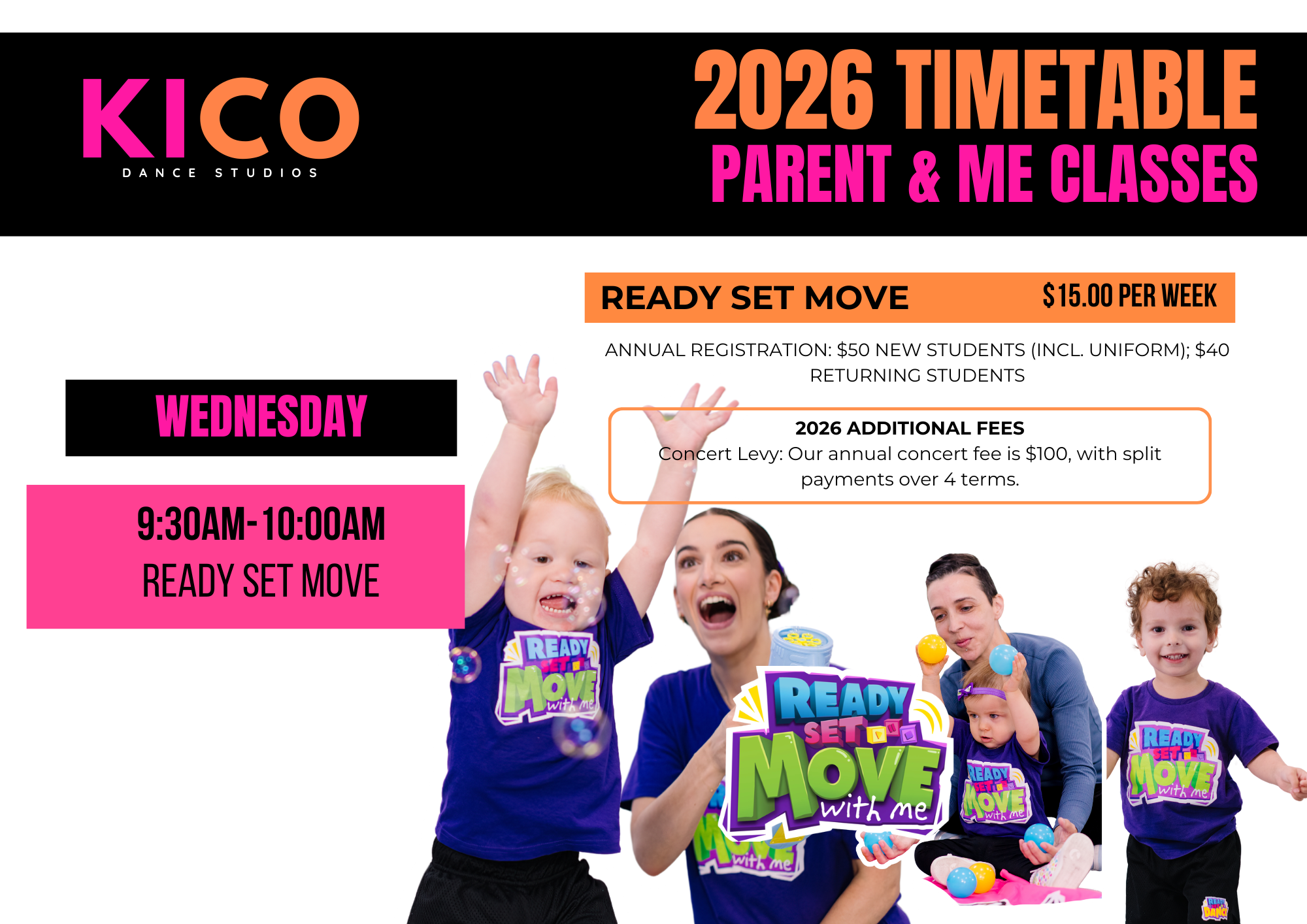 2026 timetable for Parent and Me dance classes at KICO Dance Studios featuring Ready Set Move sessions on Wednesdays and Fridays at 9:45am
