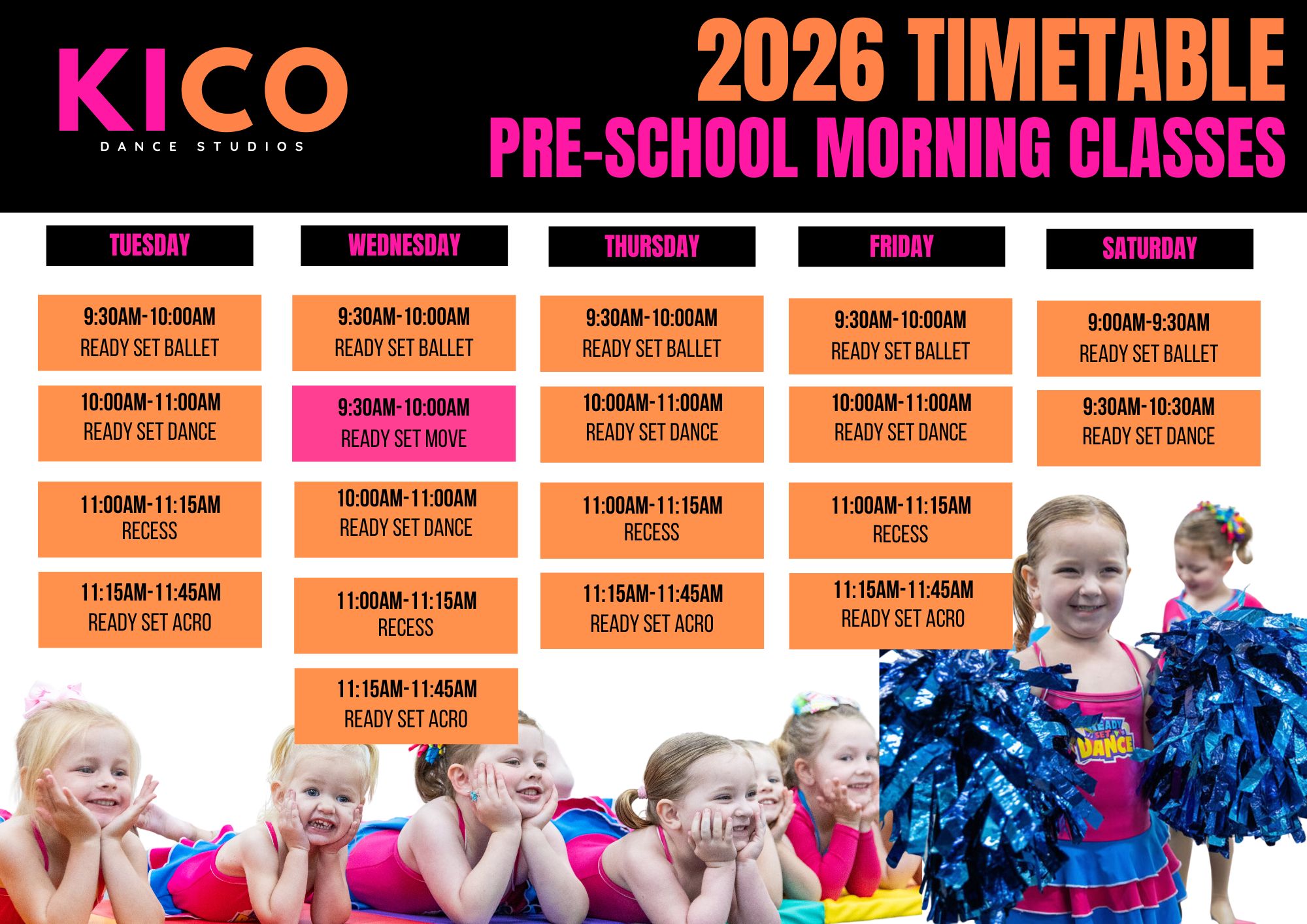 Affordable and high-quality preschool dance class pricing at KICO Dance Studios in Bargo, offering great value for Ready Set Dance programs for ages walking to 5.