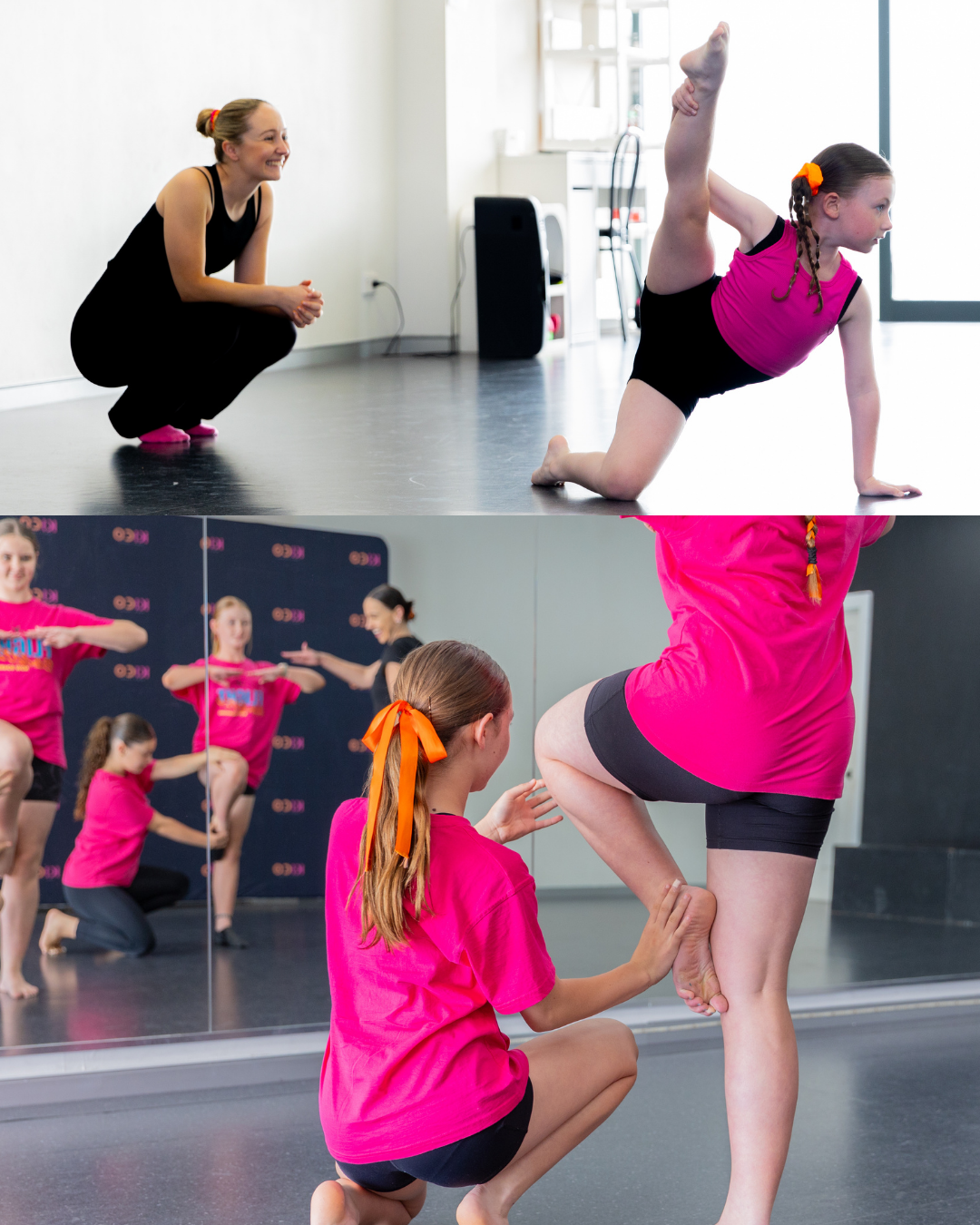 Dance teacher guiding young dancers through flexibility and technique training at KICO Dance Studios in Bargo NSW.