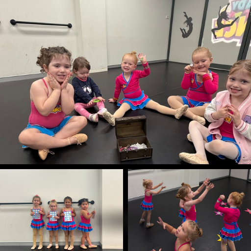 Preschool dancers in pink Ready Set Dance uniforms enjoying imaginative play and rewards at KICO Dance Studios in Bargo NSW.