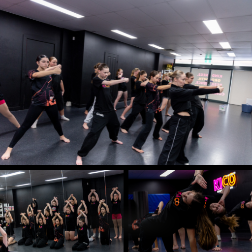"KICO troupe dancers practicing choreography and stretching in a modern black dance studio." "KICO troupe dancers practicing choreography and stretching in a modern black dance studio."