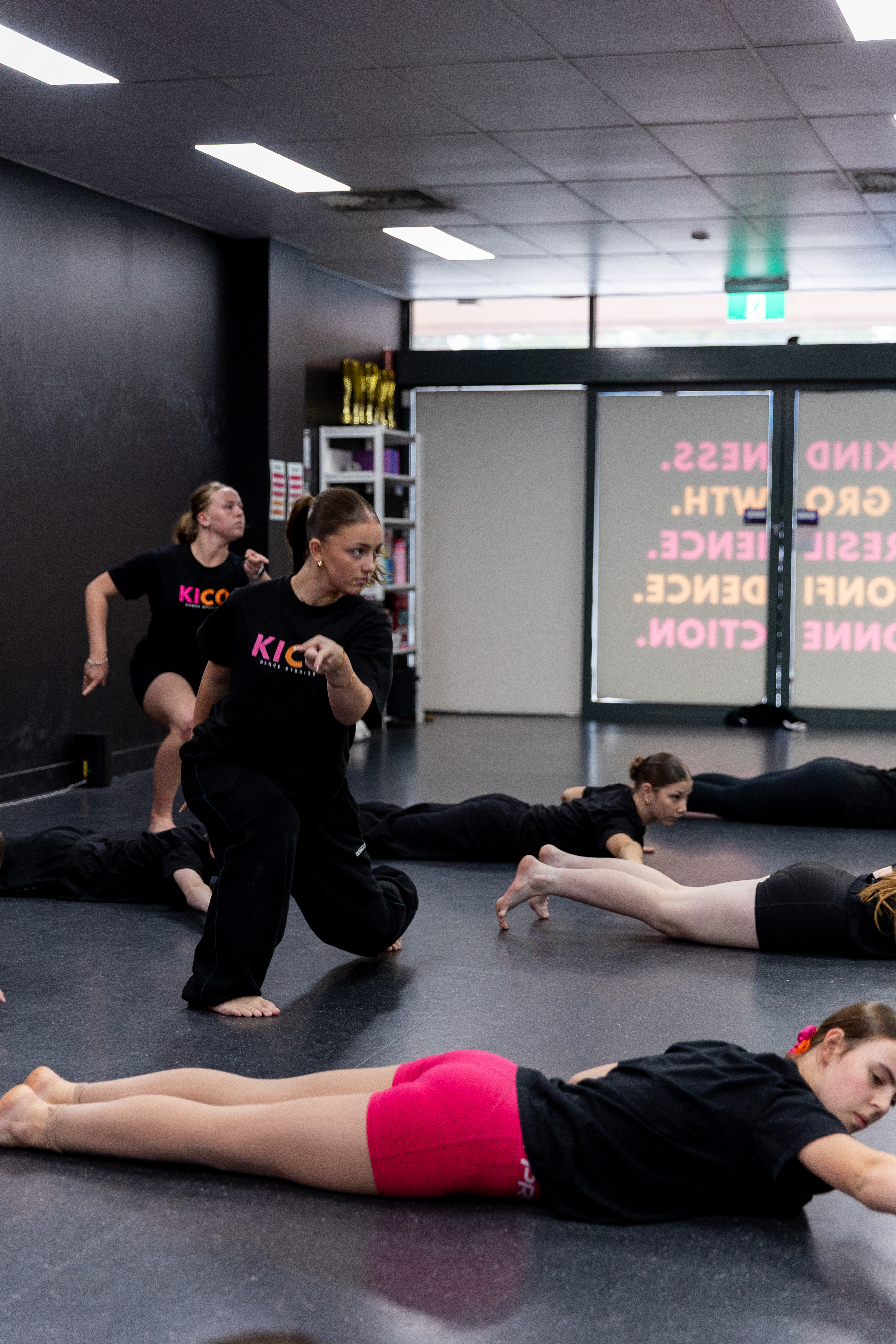 Senior dance students (Year 9 and above) focusing on technique and clean lines at KICO Dance Studios in Bargo, developing strength and performance in quality dance training.