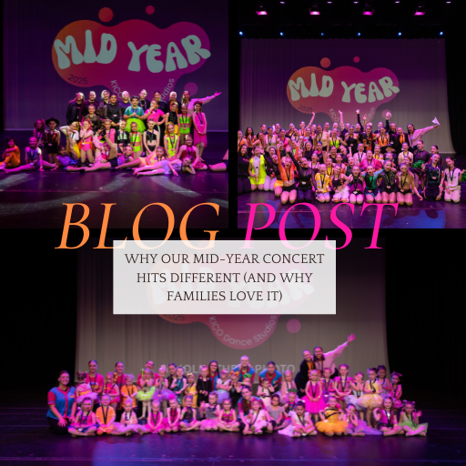 KICO Dance Studios mid-year dance concert blog post featuring a collage of student dancers in costumes posing on stage.