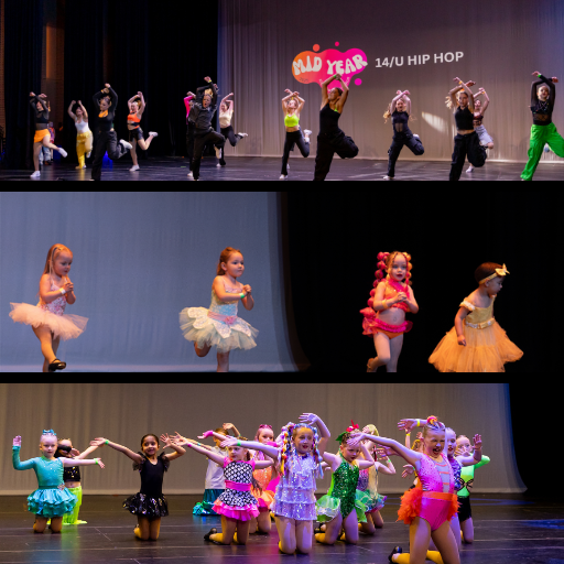 showcasing KICO Dance Studios students of all ages—including toddlers, primary students, and teens—performing hip hop and ballet routines on stage.