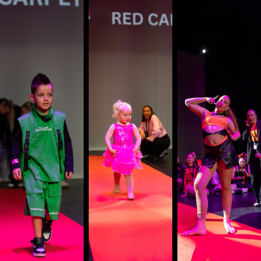 showing KICO Dance Studios student dancers of various ages modeling dance costumes on a red carpet.