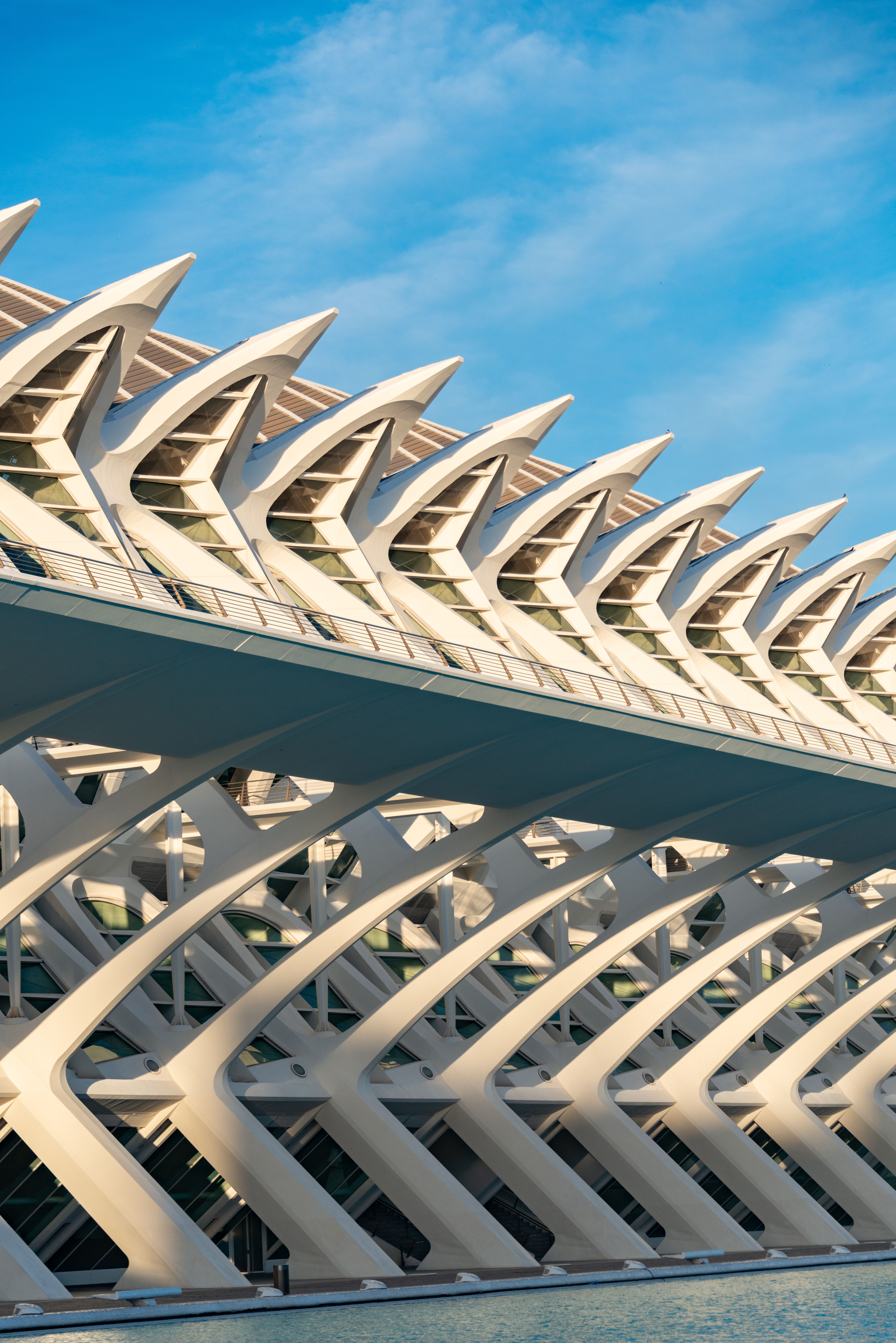 Modern architecture — rhythmic white structural ribs rising against a blue sky