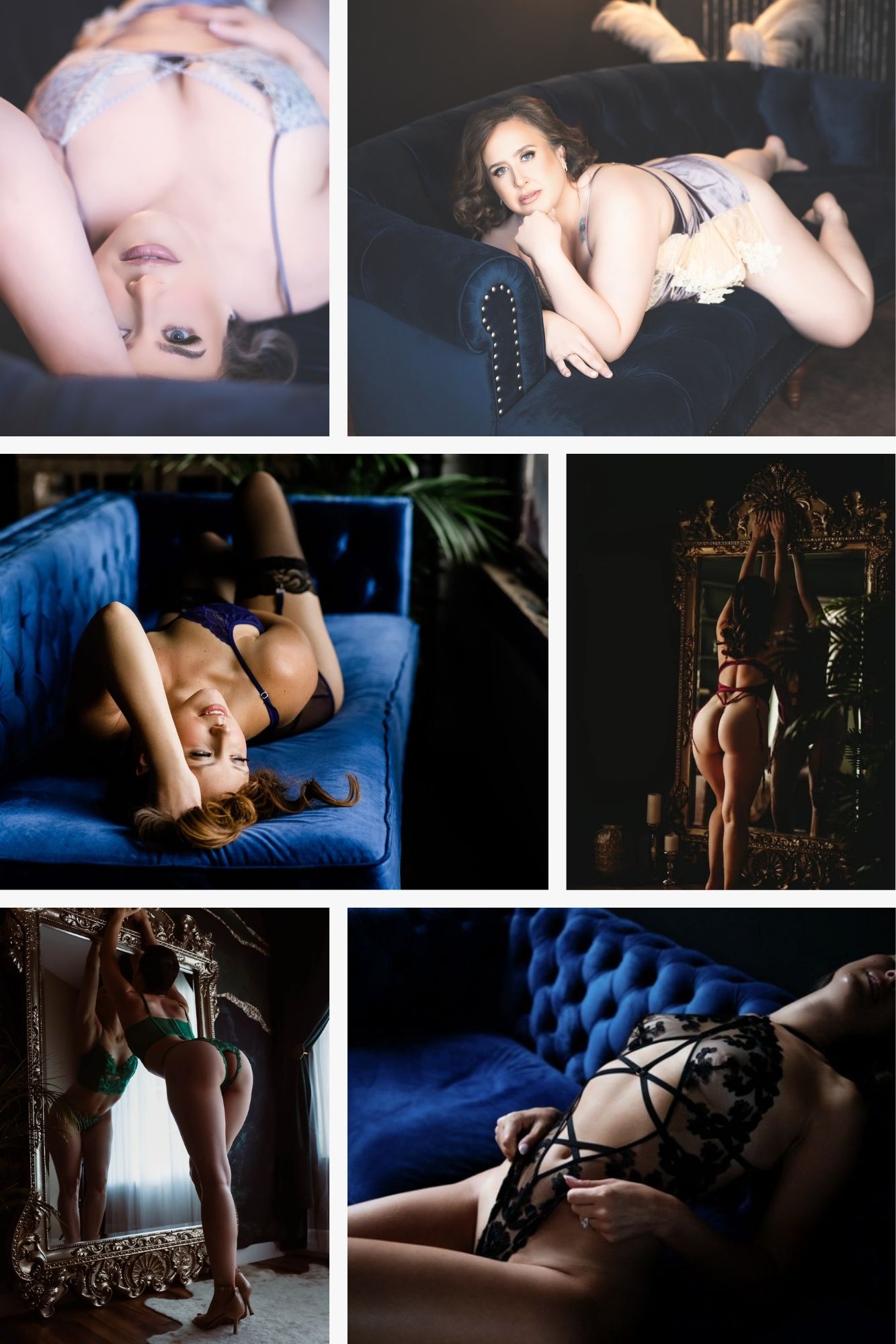 Luxury boudoir portrait featuring woman on velvet blue couch and posing with mirrors