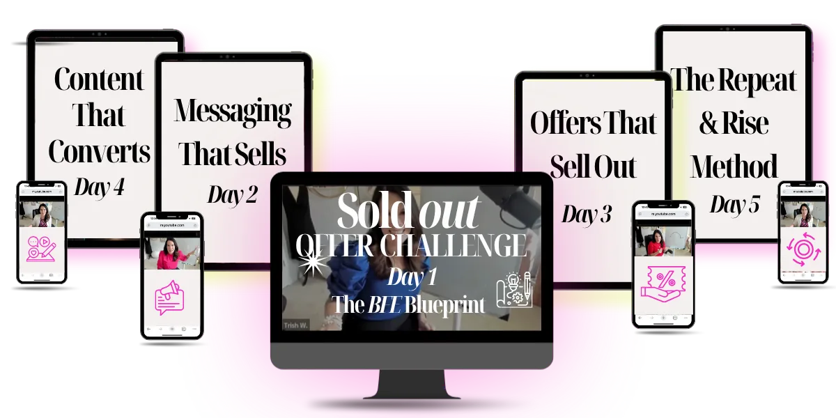 Sold Out Offer Challenge five-day training displayed across desktop, tablet, and mobile screens.