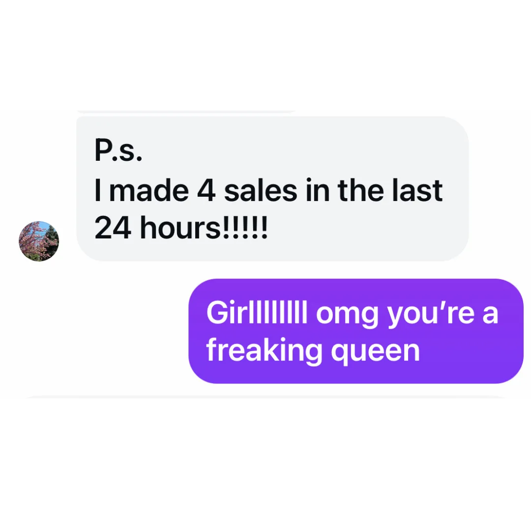 Client testimonial celebrating four sales in the last 24 hours after working with Trish.