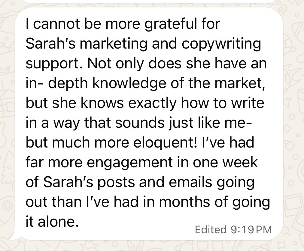 Message from a client about Sarah's copywriting