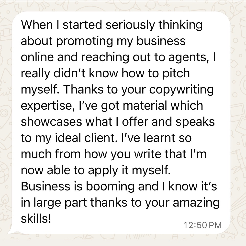 Message from a client about Sarah's copywriting