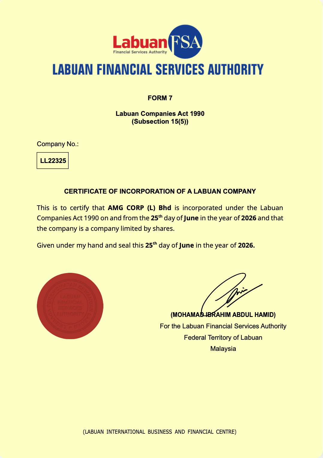 Sijil pemerbadanan AMG Corp (L) Bhd, No. Syarikat LL22325, diperbadankan di Labuan.