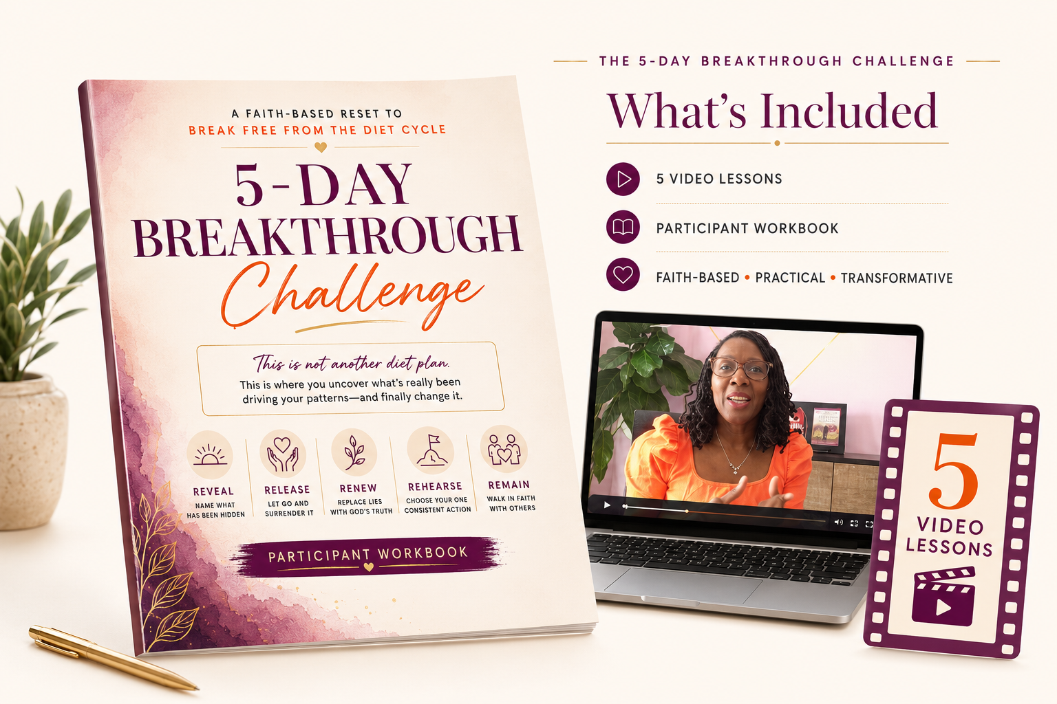 The 5-Day Breakthrough Challenge -- what's included: 5 video lessons, participant workbook, and a faith-based approach.