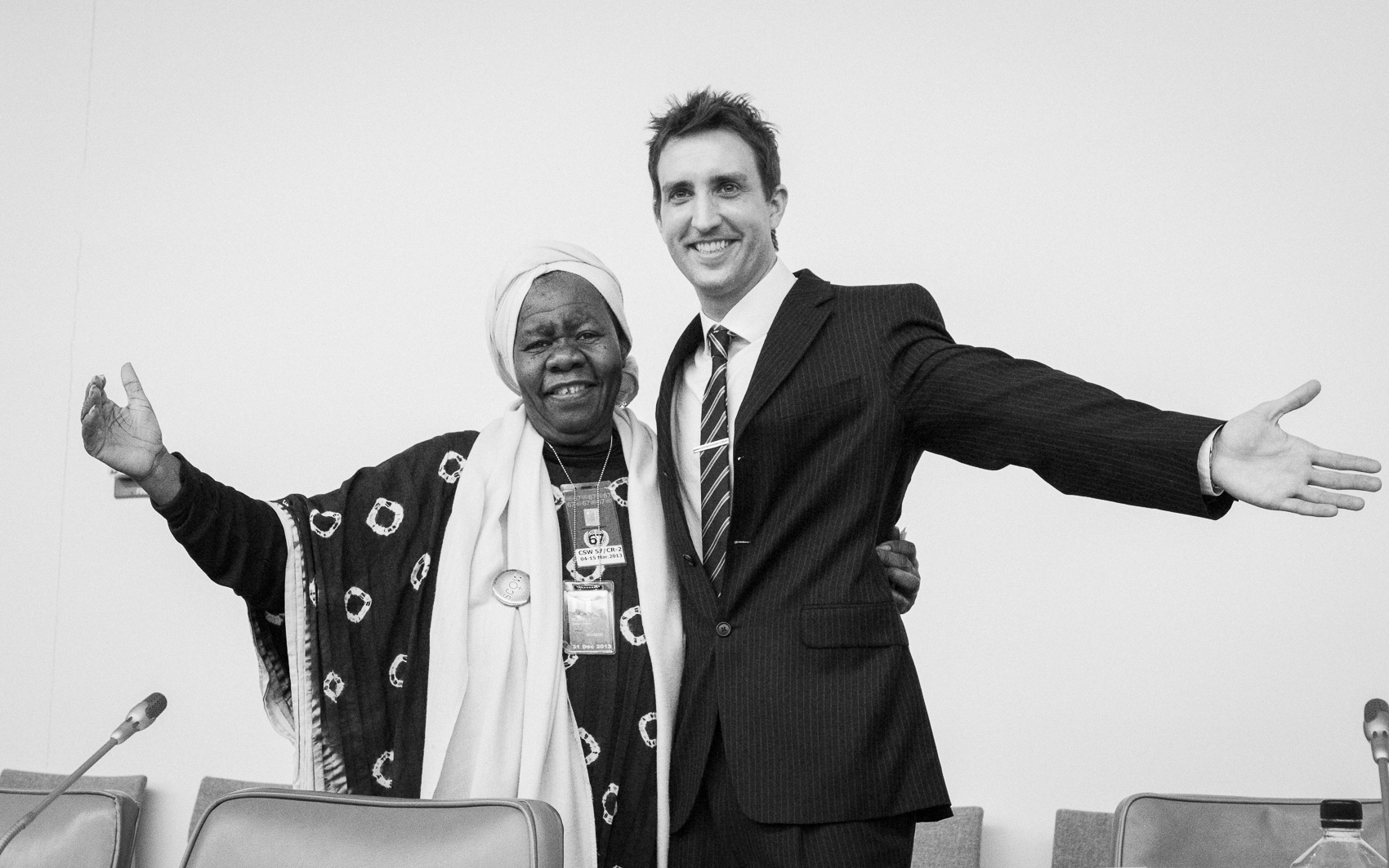 Michael William Paul celebrating after the World Fashion Forum with a United Nations delegate from an African mission at UN Headquarters in New York, following a session on fashion, women’s rights, and the SDGs