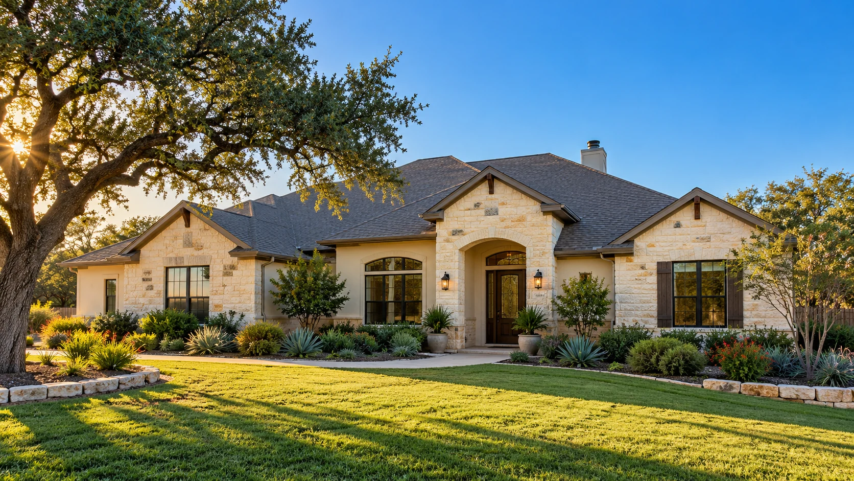 A Texas stone home with a shingle roof and landscaped front yard in warm evening light.