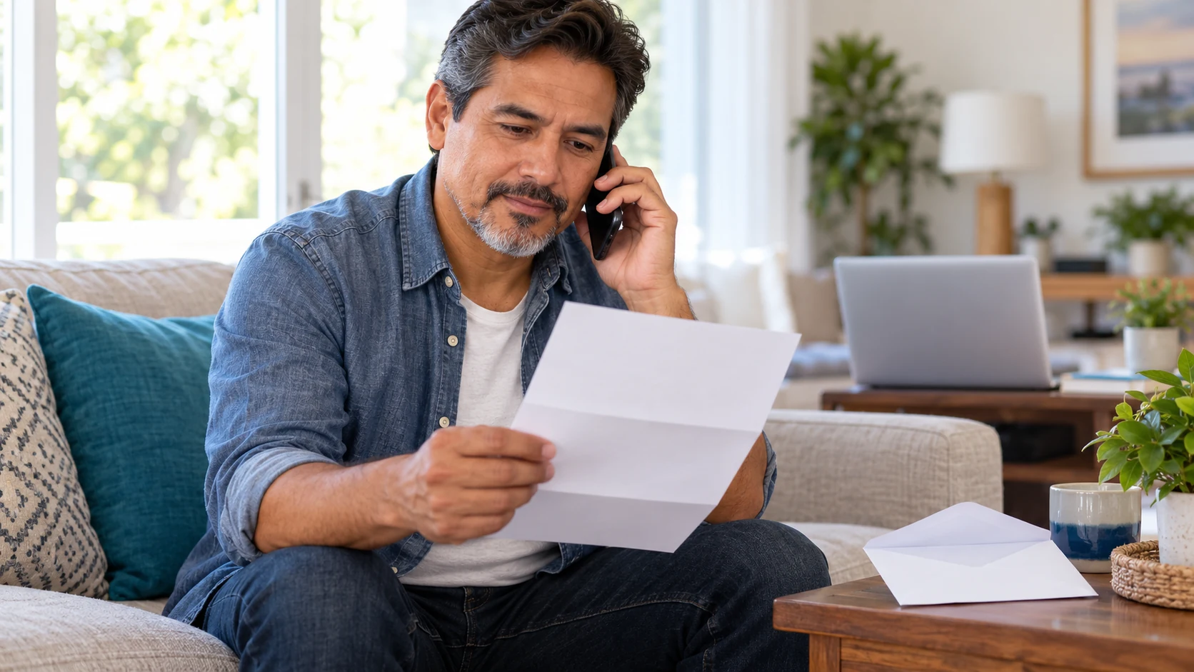 Man reading a letter while discussing his health coverage by phone.