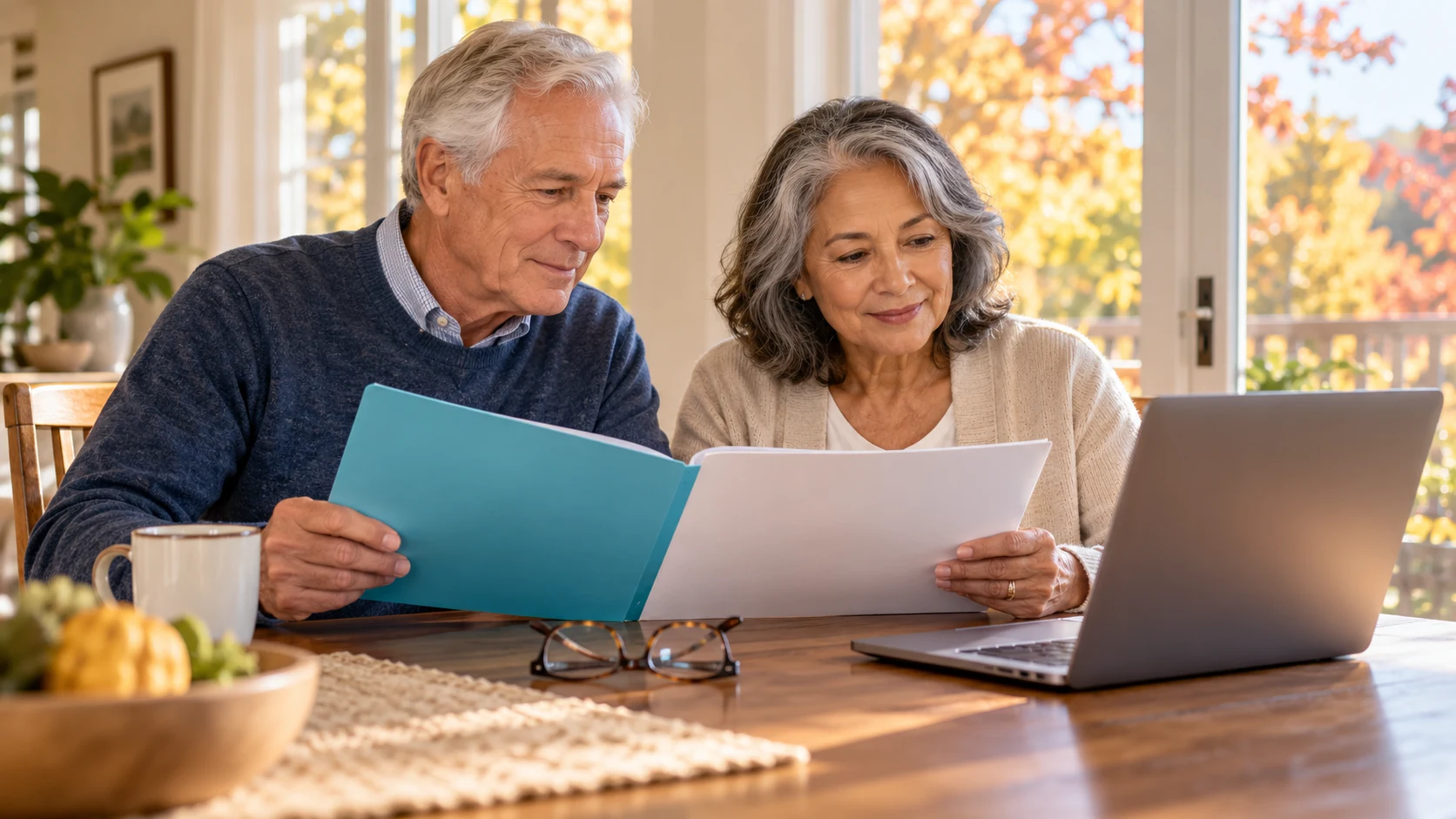 Retired couple reviewing folders and a laptop during a Medicare plan comparison.