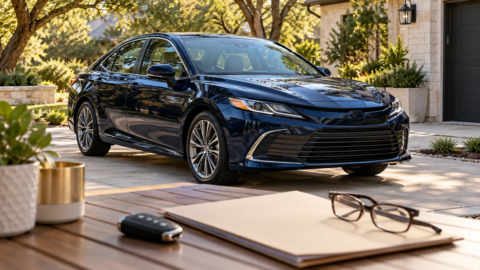 Parked sedan with a car key, blank folder and reading glasses on a nearby table.