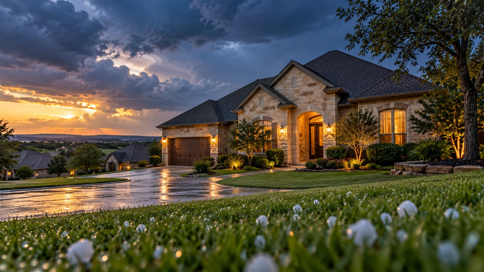 Texas home beneath clearing storm clouds with hailstones on the lawn.