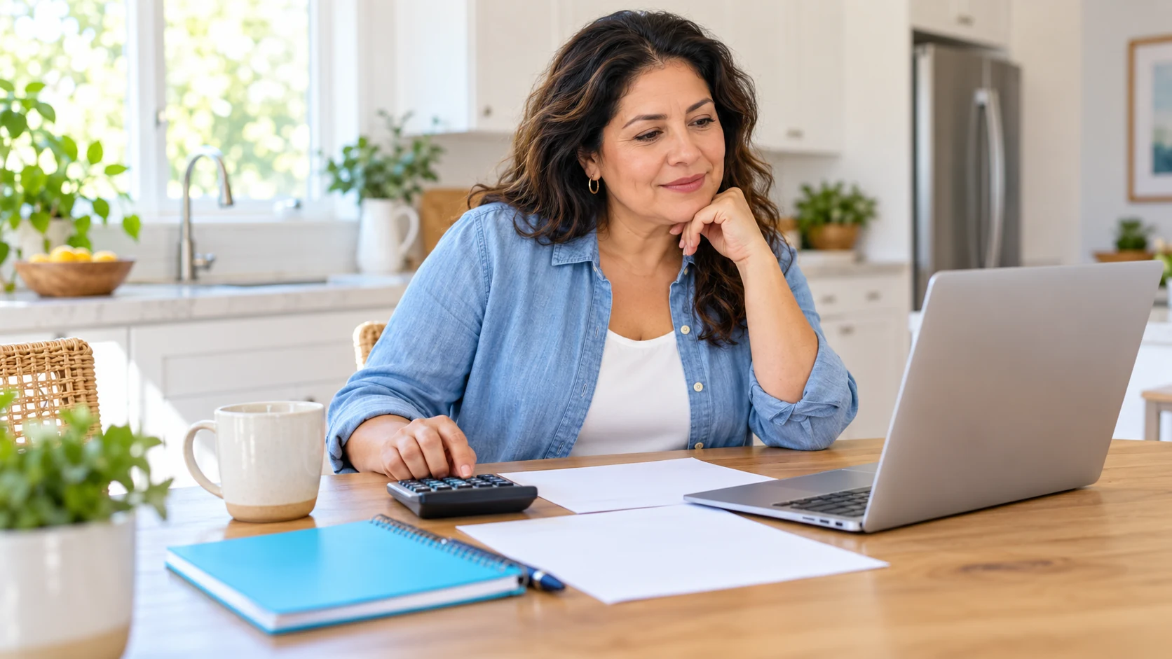 Woman comparing household health coverage costs with a calculator and laptop.