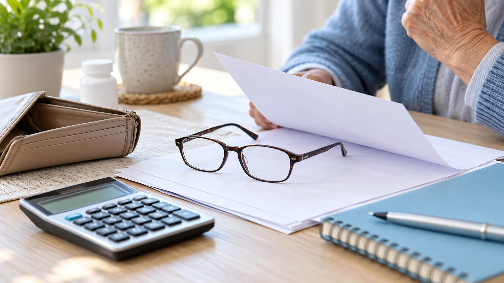 Older adult reviewing papers beside a calculator, wallet and reading glasses.