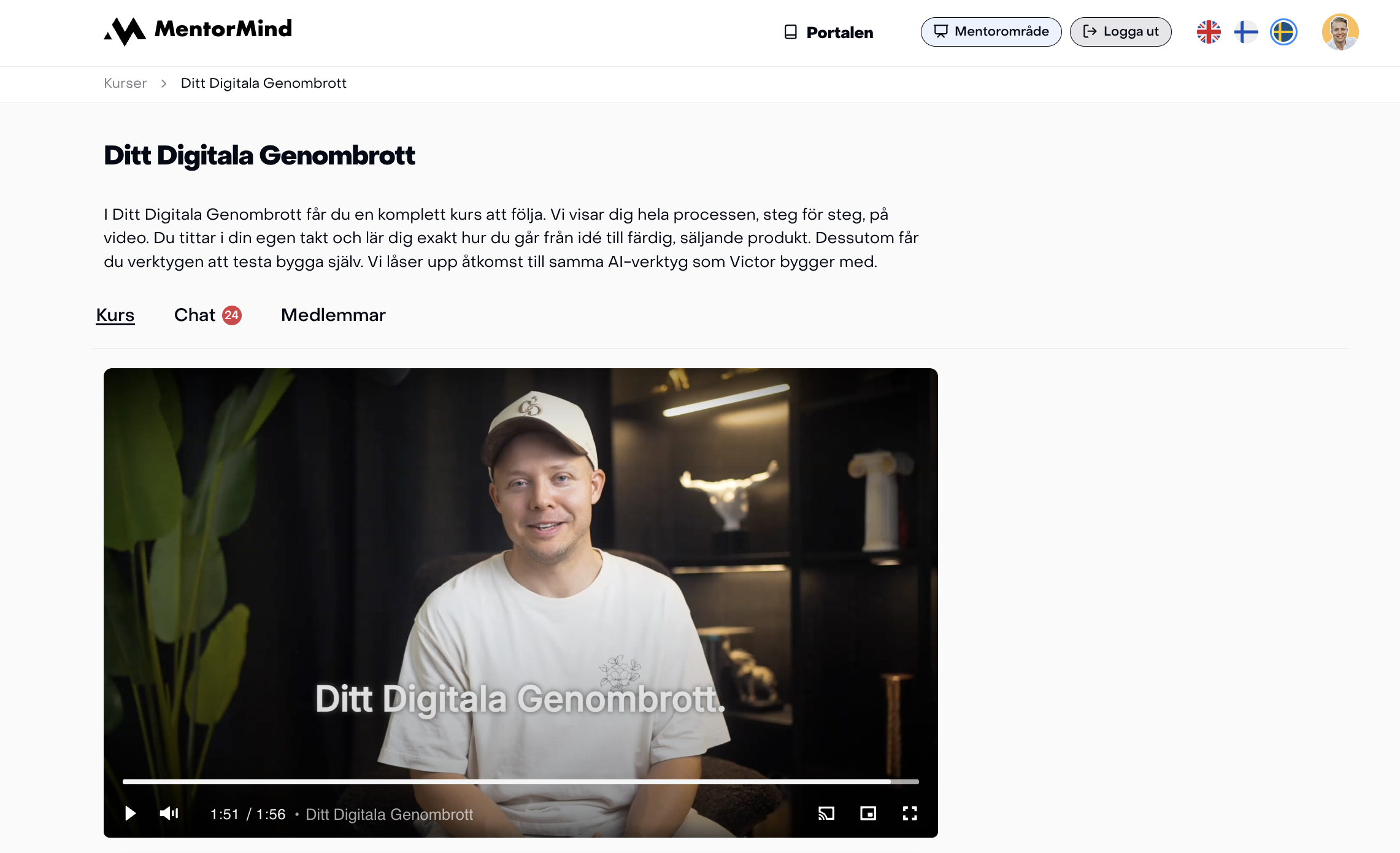Medlemsområdet — kursvyn